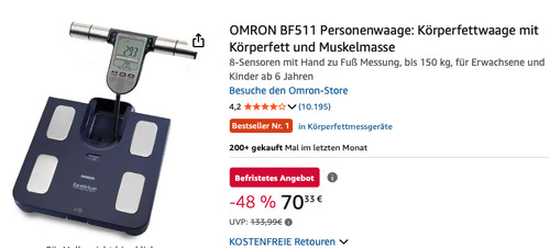 OMRON BF511 Personenwaage in Blau (Körperfett, Muskelmasse, 8-Sensoren) OMRON BF511 Personenwaage in Blau (Körperfett, Muskelmasse, 8-Sensoren)