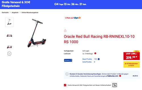 Oracle Red Bull Racing E-Scooter RS 1000 inkl. 30 Netto Marken-Discount Filialgutschein Oracle Red Bull Racing E-Scooter RS 1000 inkl. 30 Netto Marken-Discount Filialgutschein