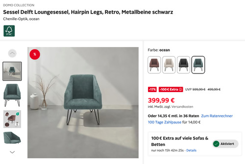 Otto.de - 100 Rabatt auf ausgewählte Möbel: z.B. DOMO COLLECTION Sessel Delft Loungesessel