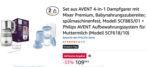 Philips AVENT SCF883/01 Babynahrungszubereiter inkl. Philips AVENT SCF618/10 Aufbewahrungssystem für Muttermilch Philips AVENT SCF883/01 Babynahrungszubereiter inkl. Philips AVENT SCF618/10 Aufbewahrungssystem für Muttermilch
