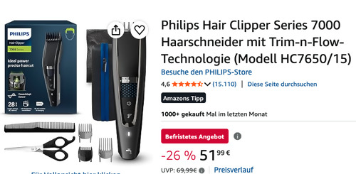 Philips HC7650/15 Haarschneider mit Trim-n-Flow-Technologie Philips HC7650/15 Haarschneider mit Trim-n-Flow-Technologie