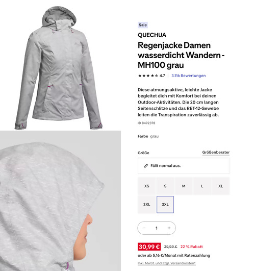QUECHUA Regenjacke Damen wasserdicht Wandern - MH100 grau, XS - 3XL QUECHUA Regenjacke Damen wasserdicht Wandern - MH100 grau, XS - 3XL
