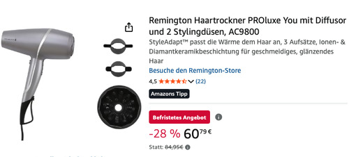 Remington AC9800 Haartrockner PROluxe You mit Diffusor und 2 Stylingdüsen Remington AC9800 Haartrockner PROluxe You mit Diffusor und 2 Stylingdüsen