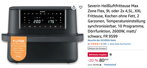 Severin FR 9599 XXL Heißluftfritteuse Max Zone Flex Severin FR 9599 XXL Heißluftfritteuse Max Zone Flex