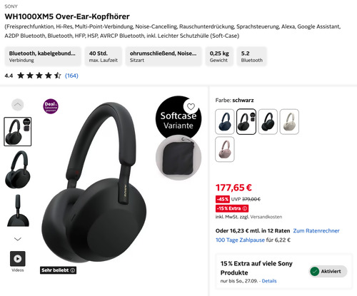 SONY WH1000XM5 Over-Ear-Kopfhörer Schwarz