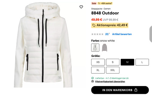 SportScheck.com - 15% Rabatt auf ausgewählte Jacken und Oberteile: z.B. 8848 Outdoor Damen Steppjacke in snow white, XS - XXL SportScheck.com - 15% Rabatt auf ausgewählte Jacken und Oberteile: z.B. 8848 Outdoor Damen Steppjacke in snow white, XS - XXL