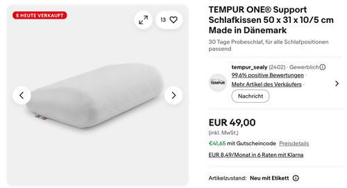 TEMPUR ONE® Support Schlafkissen 50 x 31 x 10/5 cm TEMPUR ONE® Support Schlafkissen 50 x 31 x 10/5 cm