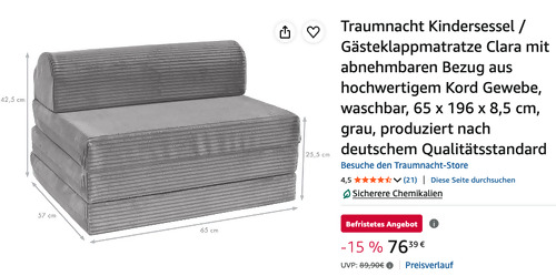 Traumnacht 65 x 196 x 8,5 cm Kindersessel / Gästeklappmatratze Clara Traumnacht 65 x 196 x 8,5 cm Kindersessel / Gästeklappmatratze Clara
