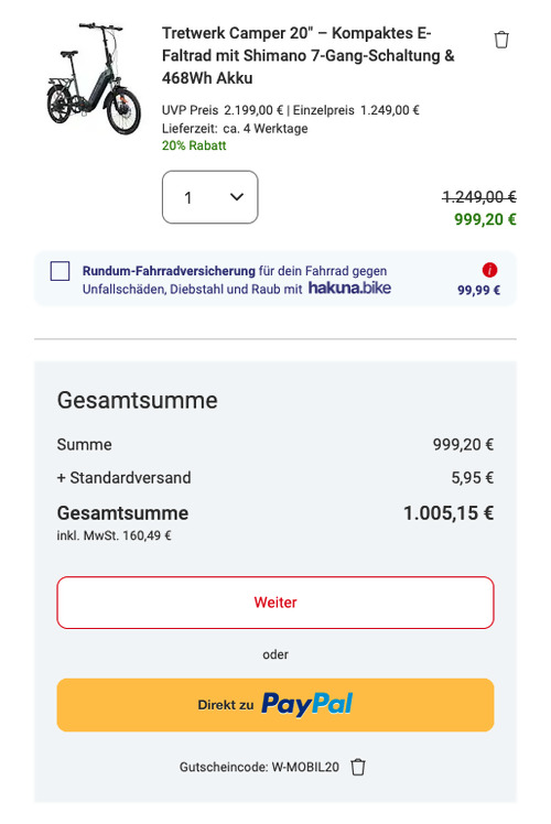 Tretwerk Camper 20" E-Faltrad in Grau - jetzt 20% billiger Tretwerk Camper 20" E-Faltrad in Grau - jetzt 20% billiger