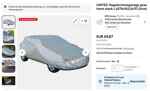UNITEC 75848 Hagelschutzgarage grau 4mm stark L (475x162,5x117,5 cm) UNITEC 75848 Hagelschutzgarage grau 4mm stark L (475x162,5x117,5 cm)