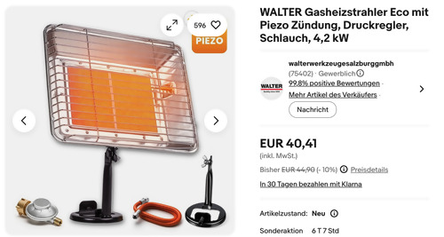 WALTER 4,2 kW Gasheizstrahler Eco mit Piezo Zündung