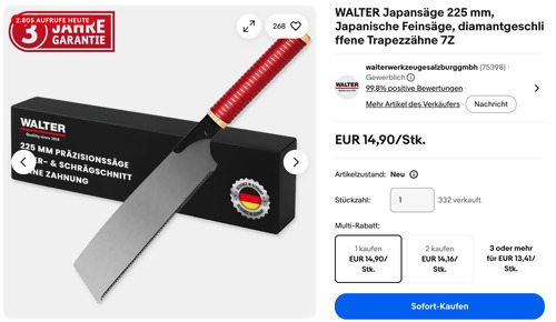 WALTER 613361 225 mm Japansäge mit diamantgeschliffene Trapezzähnen WALTER 613361 225 mm Japansäge mit diamantgeschliffene Trapezzähnen