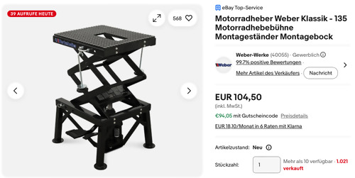 Weber 135 kg Motorradheber Klassik - jetzt 10% billiger Weber 135 kg Motorradheber Klassik - jetzt 10% billiger