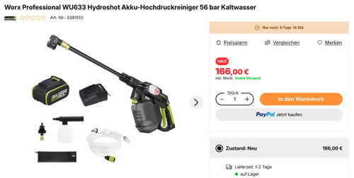 Worx Professional WU633 Hydroshot Akku-Hochdruckreiniger inkl. Akku und Ladegerät Worx Professional WU633 Hydroshot Akku-Hochdruckreiniger inkl. Akku und Ladegerät