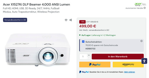 Acer X1527Ki DLP Beamer 4.000 ANSI Lumen Acer X1527Ki DLP Beamer 4.000 ANSI Lumen