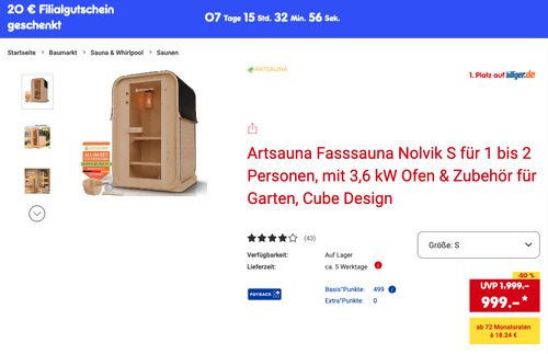 Artsauna Fasssauna Nolvik S mit 3,6 kW Ofen, 120 x 128 x 194 cm Artsauna Fasssauna Nolvik S mit 3,6 kW Ofen, 120 x 128 x 194 cm