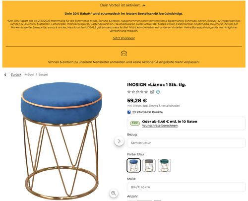 Baur.de - 20% Rabatt auf Mode, Schuhe & Möbel.: z.B. INOSIGN »Liano« Hocker in Blau Baur.de - 20% Rabatt auf Mode, Schuhe & Möbel.: z.B. INOSIGN »Liano« Hocker in Blau