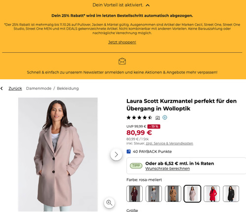 Baur.de - 25% Rabatt auf Pullover, Jacken & Mäntel: z.B. Laura Scott Kurzmantel in Wolloptik rosa-meliert, 34 - 44 Baur.de - 25% Rabatt auf Pullover, Jacken & Mäntel: z.B. Laura Scott Kurzmantel in Wolloptik rosa-meliert, 34 - 44