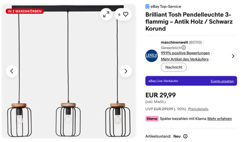 Brilliant Tosh Pendelleuchte 3-flammig  Antik Holz / Schwarz Korund