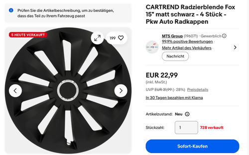 CARTREND 4 Stück Radzierblende Fox 15" matt schwarz CARTREND 4 Stück Radzierblende Fox 15" matt schwarz