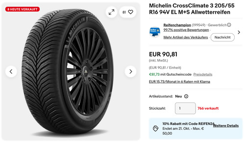 Ebay - 10% Rabatt auf Reifen, Felgen, Kompletträdern & Reifenmontage: z.B. Michelin CrossClimate 3 205/55 R16 94V EL M+S Allwetterreifen Ebay - 10% Rabatt auf Reifen, Felgen, Kompletträdern & Reifenmontage: z.B. Michelin CrossClimate 3 205/55 R16 94V EL M+S Allwetterreifen
