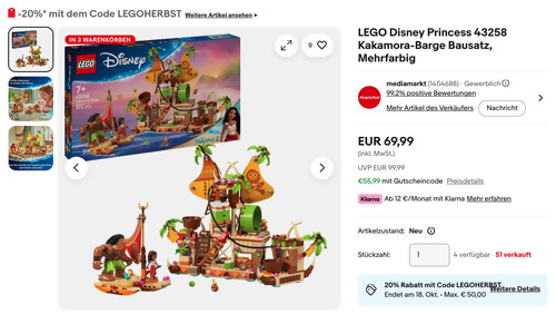 Ebay - 20% Rabatt ausgewählte LEGO Sets: z.B. LEGO Disney Princess 43258 Kakamora-Barge Bausatz