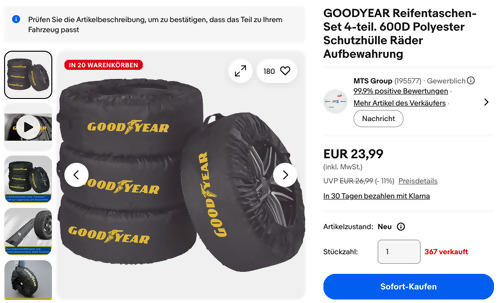 GOODYEAR 4-tlg. Reifentaschen-Set 600D Polyester,  bis max. 19 Zoll