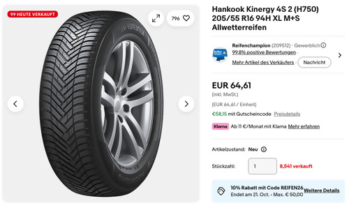Hankook Kinergy 4S 2 (H750) 205/55 R16 94H XL M+S Allwetterreifen