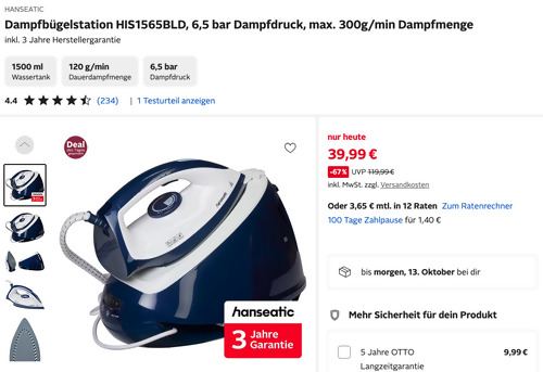 HANSEATIC Dampfbügelstation HIS1565BLD (6,5 bar Dampfdruck, max. 300g/min Dampfmenge) HANSEATIC Dampfbügelstation HIS1565BLD (6,5 bar Dampfdruck, max. 300g/min Dampfmenge)