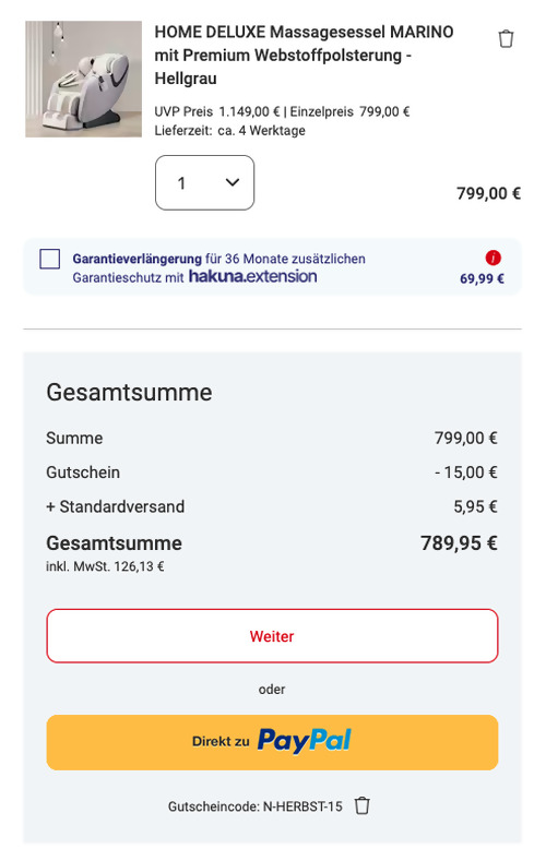 HOME DELUXE Massagesessel MARINO in Hellgrau (6 voreingestellten Programmen, 2 Massagetechniken)
