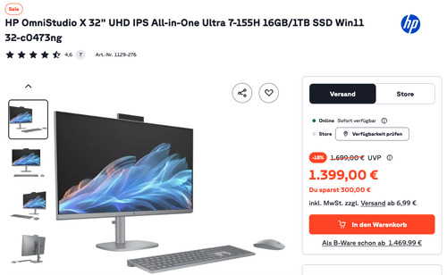 HP OmniStudio X 32-c0473ng 32" UHD IPS All-in-One PC (Ultra 7-155H 16GB/1TB SSD Win11)