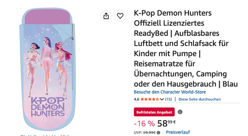 K-Pop Demon Hunters Offiziell Lizenziertes ReadyBed - 150L x 62B x 20D cm Aufblasbares Luftbett und Schlafsack für Kinde K-Pop Demon Hunters Offiziell Lizenziertes ReadyBed - 150L x 62B x 20D cm Aufblasbares Luftbett und Schlafsack für Kinde