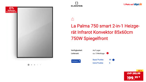 KLARSTEIN La Palma 750 smart 2-in-1 Spiegelfront Infrarot Heizgerät schwarz, 85x60cm 750W KLARSTEIN La Palma 750 smart 2-in-1 Spiegelfront Infrarot Heizgerät schwarz, 85x60cm 750W