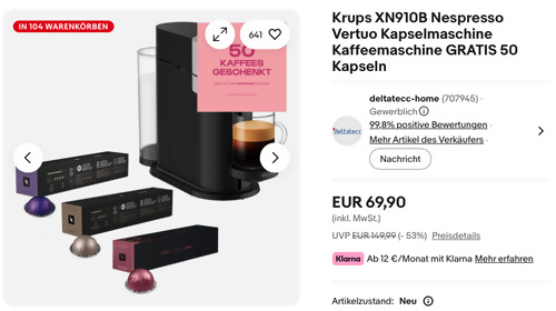 Krups XN910B Nespresso Vertuo Kapselmaschine mit Gratis 50 Kapseln Krups XN910B Nespresso Vertuo Kapselmaschine mit Gratis 50 Kapseln