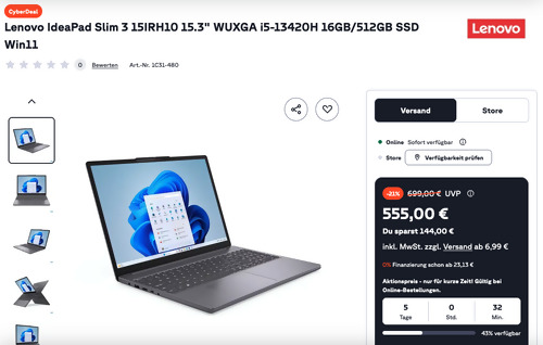 Lenovo IdeaPad Slim 3 15IRH10 15.3" WUXGA i5-13420H 16GB/512GB SSD Win11 - jetzt 13% billiger