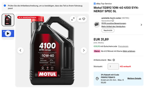 Motul 112892 10W-40 4100 SYN-NERGY SPEC 5L Motoröl - jetzt 18% billiger Motul 112892 10W-40 4100 SYN-NERGY SPEC 5L Motoröl - jetzt 18% billiger