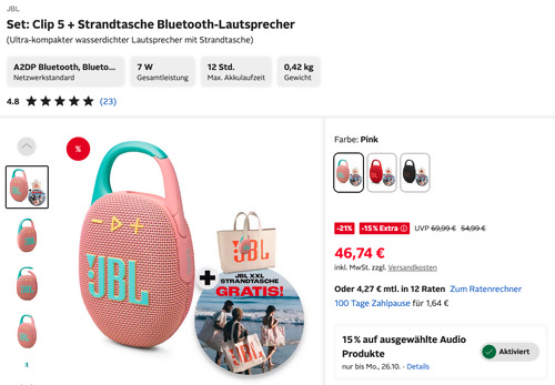 Otto.de - 15% Rabatt auf ausgewählte Audio Produkte: z.B. JBL Clip 5 Bluetooth-Lautsprecher inkl. Strandtasche, versch. Farben Otto.de - 15% Rabatt auf ausgewählte Audio Produkte: z.B. JBL Clip 5 Bluetooth-Lautsprecher inkl. Strandtasche, versch. Farben