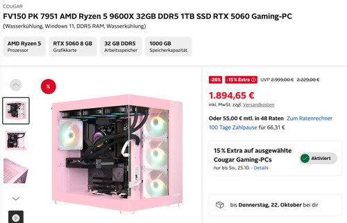 Otto.de - 15% Rabatt auf Cougar Gaming-PCs: z.B. COUGAR FV150 PK 7951 AMD Ryzen 5 9600X 32GB DDR5 1TB SSD RTX 5060 Wasserkühlung Gaming-PC Otto.de - 15% Rabatt auf Cougar Gaming-PCs: z.B. COUGAR FV150 PK 7951 AMD Ryzen 5 9600X 32GB DDR5 1TB SSD RTX 5060 Wasserkühlung Gaming-PC
