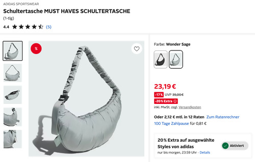 Otto.de - 20% Rabatt auf Styles von adidas: z.B. ADIDAS PERFORMANCE Sporttasche MUST HAVES in Wonder Sage Otto.de - 20% Rabatt auf Styles von adidas: z.B. ADIDAS PERFORMANCE Sporttasche MUST HAVES in Wonder Sage