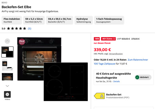 Otto.de - 40 Rabatt auf ausgewählte Haushaltsgeräte: z.B. BEKO Backofen-Set Elbe - jetzt 11% billiger Otto.de - 40 Rabatt auf ausgewählte Haushaltsgeräte: z.B. BEKO Backofen-Set Elbe - jetzt 11% billiger