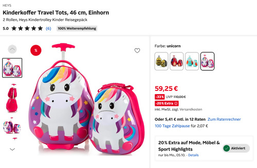 Otto.de - mind. 20% Rabatt auf Mode, Möbel & Sport Highlights: z.B. HEYS Kinderkoffer Travel Tots Set "Einhorn" Otto.de - mind. 20% Rabatt auf Mode, Möbel & Sport Highlights: z.B. HEYS Kinderkoffer Travel Tots Set "Einhorn"