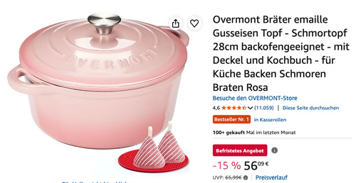 Overmont Emaille-Bräter 28 cm Gusseisen Rosa - jetzt 15% billiger Overmont Emaille-Bräter 28 cm Gusseisen Rosa - jetzt 15% billiger