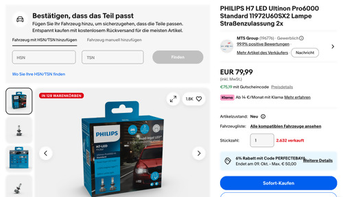 PHILIPS H7 LED Ultinon Pro6000 Standard 11972U60SX2 Lampe Straßenzulassung 2x