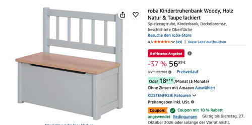 roba Kindertruhenbank Woody in Grau, 56 x 28 x 53 cm