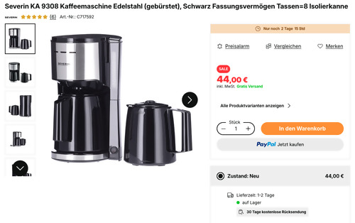 Severin KA 9308 Kaffeemaschine mit 2 Thermokannen Severin KA 9308 Kaffeemaschine mit 2 Thermokannen