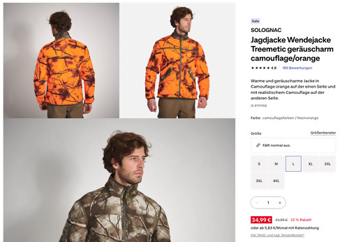 SOLOGNAC Jagdjacke Wendejacke Treemetic geräuscharm camouflage/orange, S - 4XL