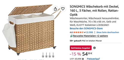 SONGMICS LCB365N01 3 Fächer Wäschekorb mit Deckel in Rattan-Optik Naturfarben