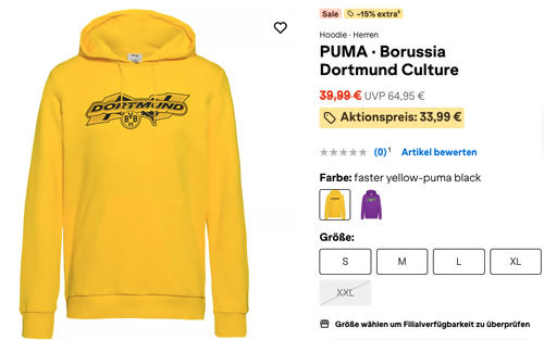 SportScheck.com - 15% Rabatt auf Streetwear & Training: z.B. PUMA Borussia Dortmund Herren Hoodie faster yellow-puma black SportScheck.com - 15% Rabatt auf Streetwear & Training: z.B. PUMA Borussia Dortmund Herren Hoodie faster yellow-puma black