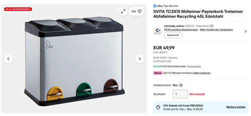 SVITA TC3X15 45 Liter Mülleimer mit drei Kammern in Silber, Edelstahl