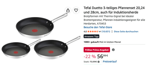 Tefal A704S3 Duetto 3-teiliges Pfannenset 20,24 und 28cm